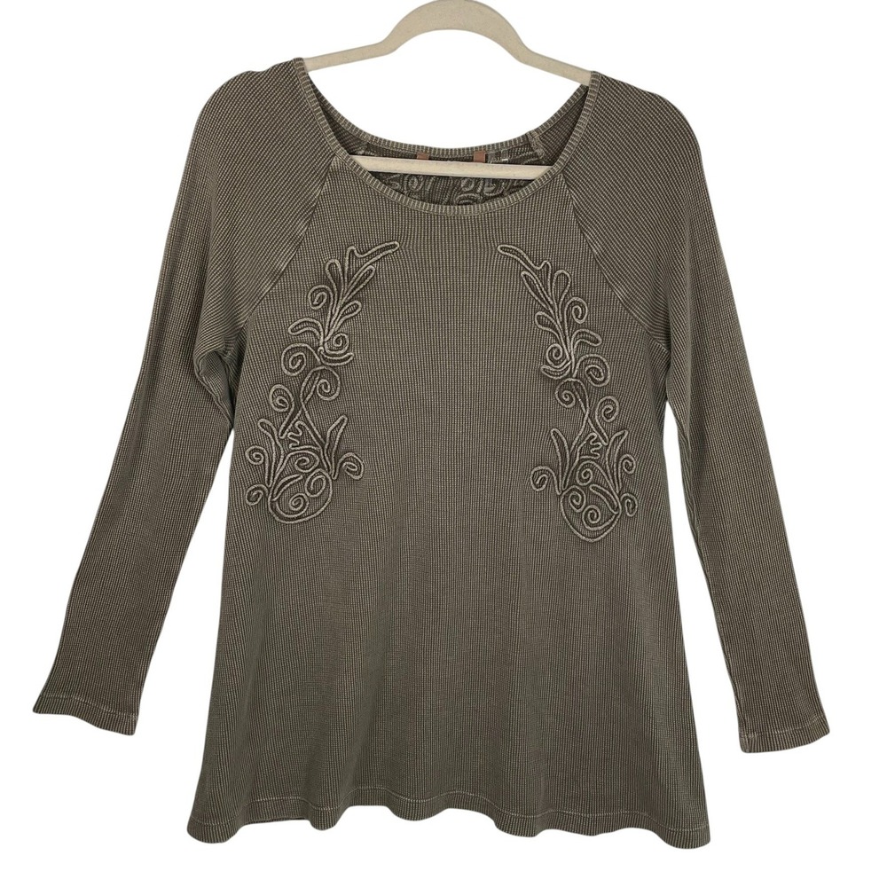 Soft Surroundings Camden Thermal Top Small Taupe Waffle Embroidered Boho